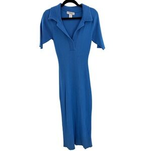 CAROLINE CONSTAS Blue Knit Ribbed Midi Dress Crochet Collar Short Sleeve M